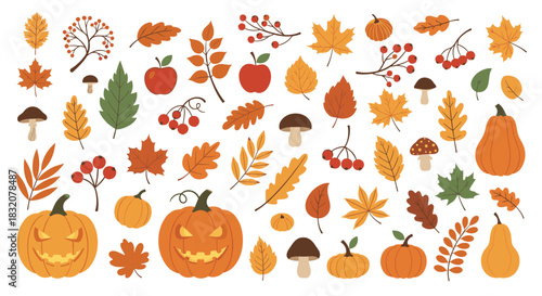 A vibrant collection of autumn and Halloween elements, including colorful leaves, festive pumpkins, mushrooms, apples, and berries.