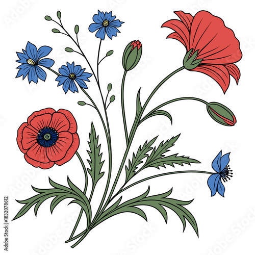 Artistic illustration of red poppies and blue cornflowers with green leaves and buds on a white background