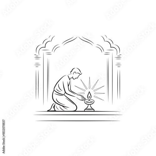 Faithful Lighting Candle – Bold Line-Art Vector