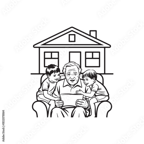 Elders with Grandchildren – Bold Line‑Art Vector