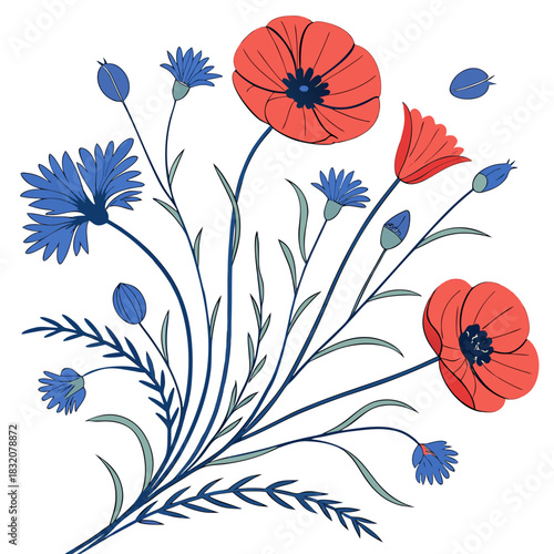 Vibrant bouquet of red poppies and blue cornflowers with green stems and leaves