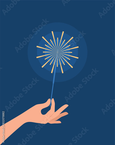 Hand holding a burning sparkler on a dark blue background, flat vector illustration