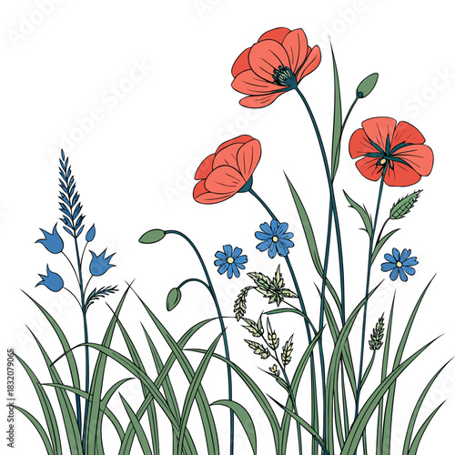 Vibrant red poppies and blue bellflowers bloom in a lush green meadow illustration
