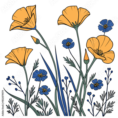 Vibrant california poppies and blue flax flowers bloom together in a stylized illustration