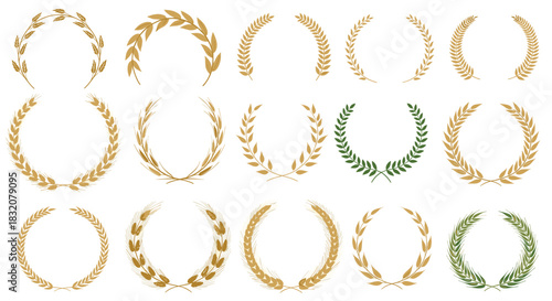 A diverse collection of laurel and wheat wreaths in various styles and colors, perfect for awards, logos, and elegant design elements.