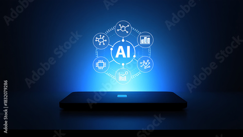 Futuristic glowing ai hologram emanating from a dark surface symbolizing artificial intelligence and digital transformation in technology