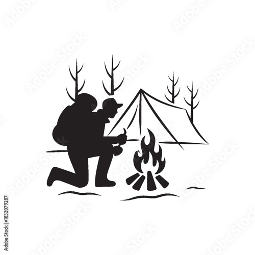 Backpacker by Campfire – Minimal Vector Art

