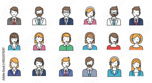 Collection of diverse business and customer service avatars, featuring men and women in professional attire and headsets.