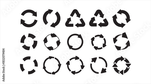 Black recycling and rotation icon set with triangular eco symbols, circular arrows, and process flow graphics for environmental themes.