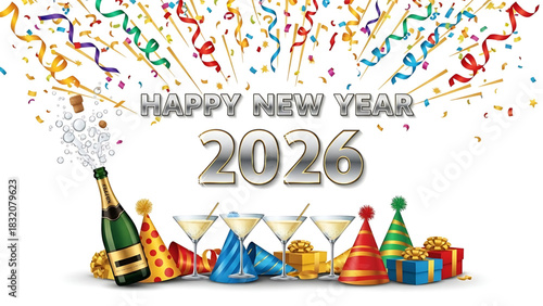 Cheerful New Year 2026 celebration with champagne and festive accessories