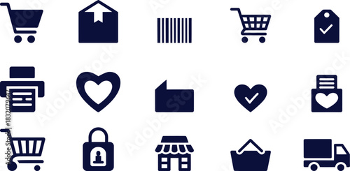 Collection of dark blue e-commerce and shopping icons