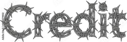 Credit word text design concept made of sharp metallic barbed wire fence symbol of financial debt and dangerous challenges ahead in industrial grunge steel style.