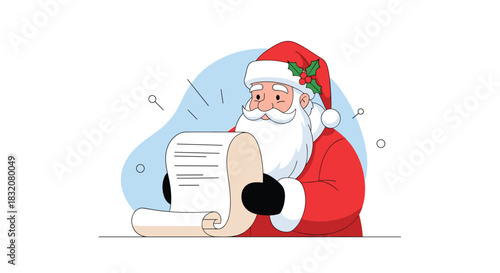 Santa Claus carefully reads his long Christmas list, checking it twice to ensure everyone is on the right one.