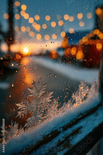 Gros plan sur un flocon de givre cristallin gelé sur une fenêtre, avec une rue de ville décorée de lumières de Noël bokeh orange et un paysage enneigé flou