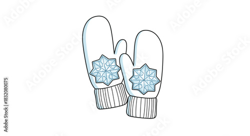 A pair of white mittens with decorative blue snowflake designs, perfect for winter warmth and festive cheer.
