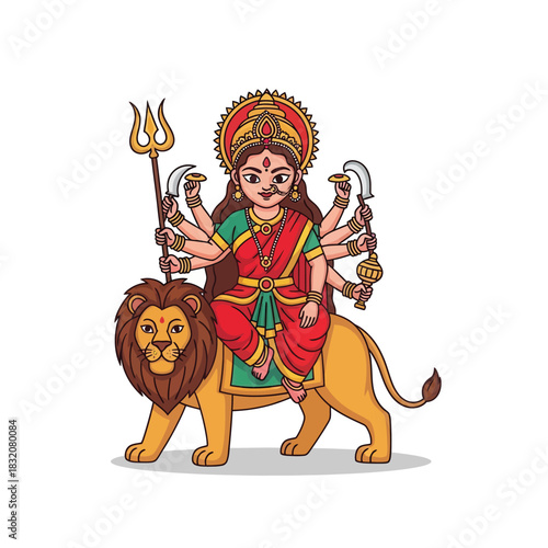 Majestic Durga riding lion embodies strength in vibrant Indian art perfect for cultural events, spiritual promotion, and festive celebrations