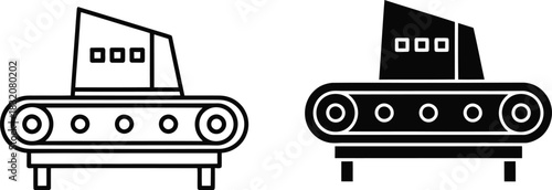 Vactor Black and white icons of a conveyor belt system with control panel factory industry