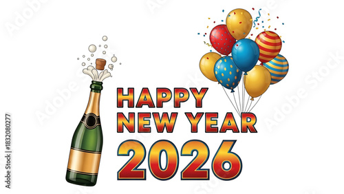 Happy New Year 2026 celebration with champagne bottle and balloons