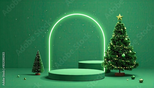 Minimalist Green Christmas Scene with Festive Podiums and Decorated Tree.