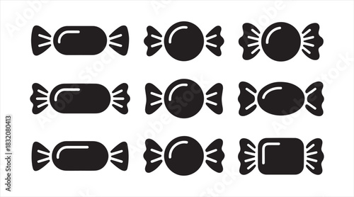 Black candy icon set featuring oval, round, and rectangular sweets perfect for party graphics, holiday decorations, and food illustrations.