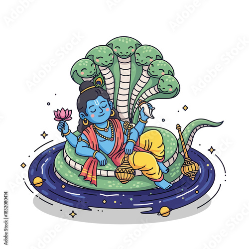 Illustrative depiction of Hindu God Vishnu resting on Shesha Naga in cosmic ocean, perfect for cultural projects and religious themes