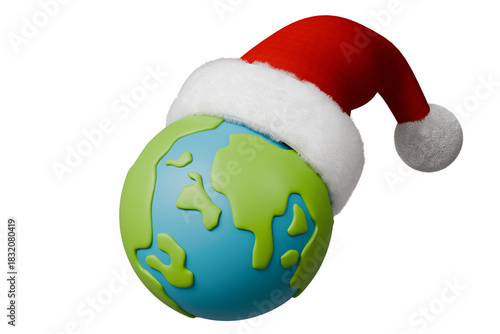 3d earth globe with santa hat icon. christmas travel concept. minimal cartoon world globe planet earth for travel holiday sale banner. isolated on white background. 3d render.