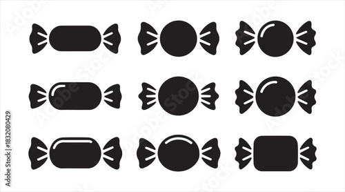 Solid candy silhouette icon collection with wrapped sweets in various shapes ideal for confectionery themes and playful graphic designs.