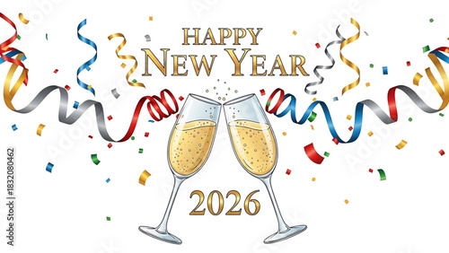 Celebrating New Year 2026 with champagne glasses and colorful decorations.