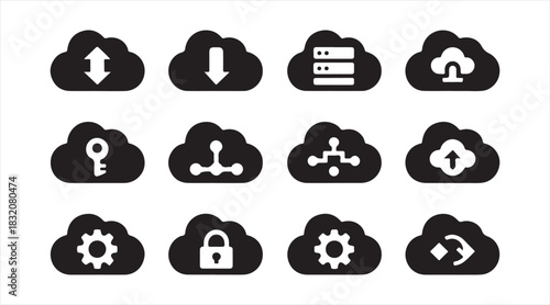 Solid cloud service icon collection featuring data transfer, security, server, and configuration symbols for IT and digital design themes.