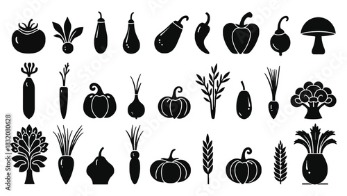 Black and white vector illustration of various vegetables and plants