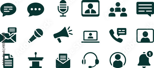 Communication and connection icons in dark teal chat bubble