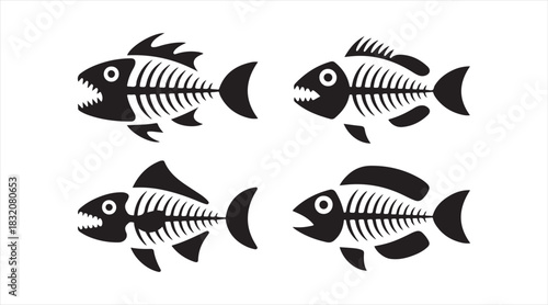 Minimal marine skeleton icon pack with expressive fish bone silhouettes ideal for biology themes, fishing graphics, and artistic decoration.