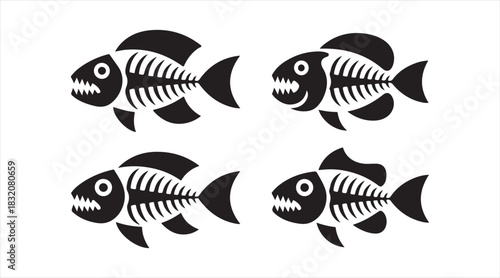 Black fish bone symbol set showcasing unique aquatic skeleton designs perfect for creative graphics, logos, and edgy illustrations.