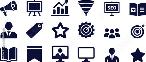 Dark blue business and marketing icons on white background