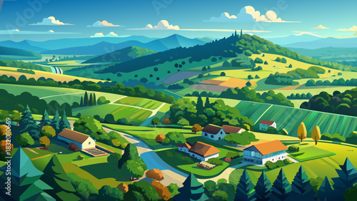 Very beautiful aerial view of expansive green forests and scattered homes near rural Tennessee, capturing lush summer foliage, open fields, and a peaceful countryside atmosphere under clear skies.