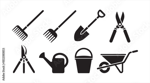 Solid silhouette garden tool icon collection including rakes, shovels, shears, watering cans, and wheelbarrows for landscaping and agriculture themes.