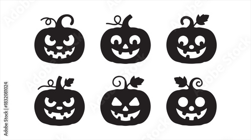 Minimal jack-o'-lantern symbol pack featuring playful and scary carved pumpkin faces in solid silhouette style for holiday themes.