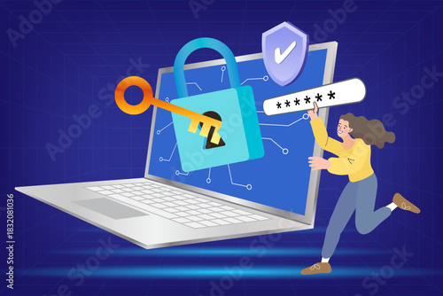 Woman entering password on laptop screen with lock and shield icons. 3D style vector illustration ensuring cybersecurity, data protection and secure login access for internet privacy.