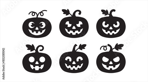 Solid Halloween pumpkin silhouette icon collection featuring various carved jack-o'-lantern faces with expressive spooky designs.