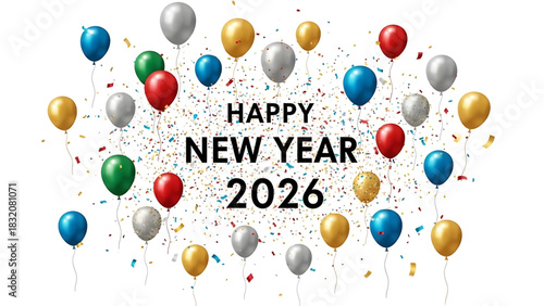 Colorful Balloons Celebrating Happy New Year 2026 on a White Background