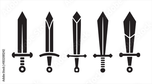 Clean solid-style sword icon pack displaying multiple weapon silhouettes ideal for combat graphics, fantasy themes, and historical artwork.