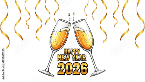 Cheerful New Year 2026 celebration with champagne glasses and golden decorations