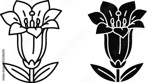 Vactor Black and white line art and silhouette of a bell-shaped flower with leaves floral