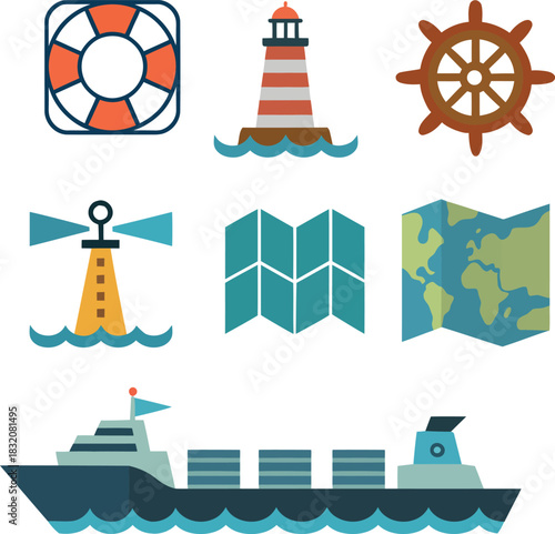 Nautical Icons Lifebuoy Lighthouse Ship Wheel World Map Cargo Ship