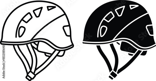 Vactor Black and white line art and silhouette of a climbing helmet with straps safety helmet