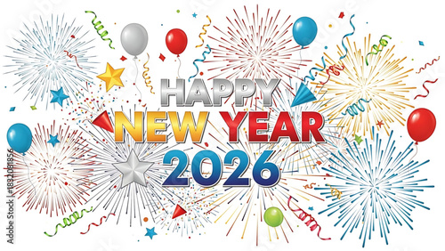 Colorful Fireworks and Balloons Celebrating Happy New Year 2026 Event