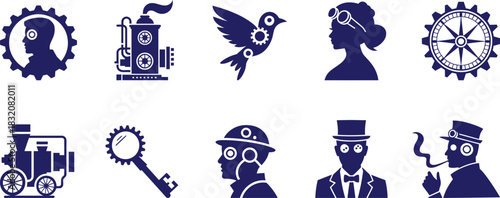 Steampunk icons silhouette collection dark blue gear