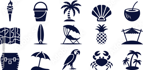 Tropical beach vacation and adventure icons torch bucket