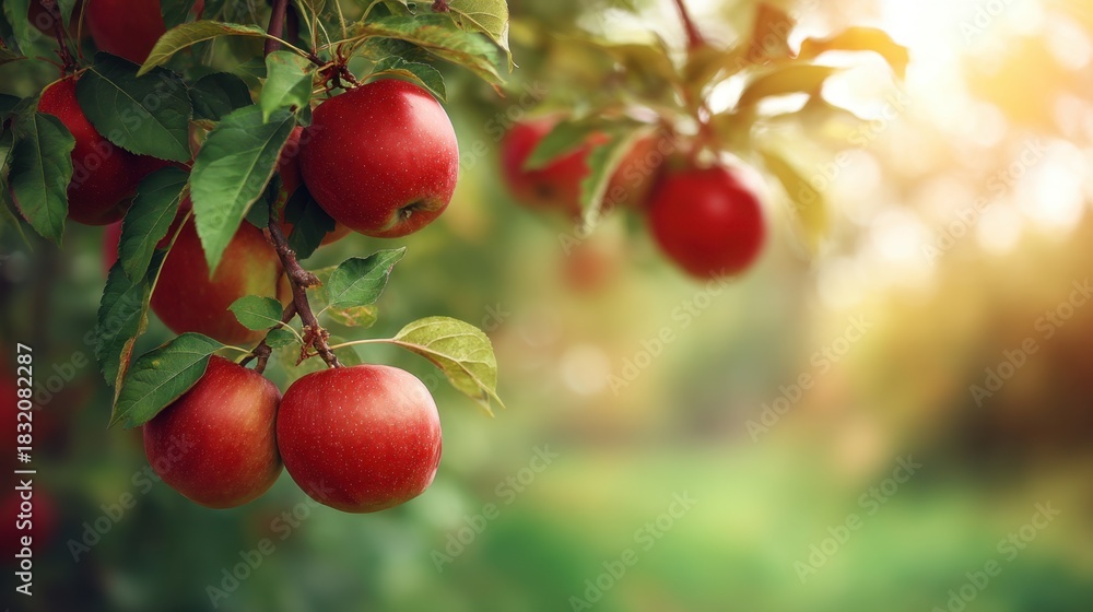 Obraz premium Red apples hanging on a tree branch in an orchard with a blurred green background. Symbol of fresh fruit harvest, healthy eating, and nature abundance.