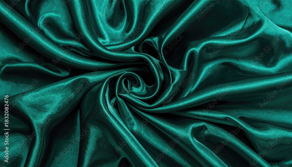 Obraz premium Luxurious dark teal satin fabric with elegant folds and swirling patterns.